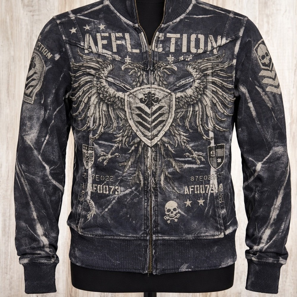 Affliction Live Fast Mens Full Zip Track Jacket Distressed Black Graphic‎ Large